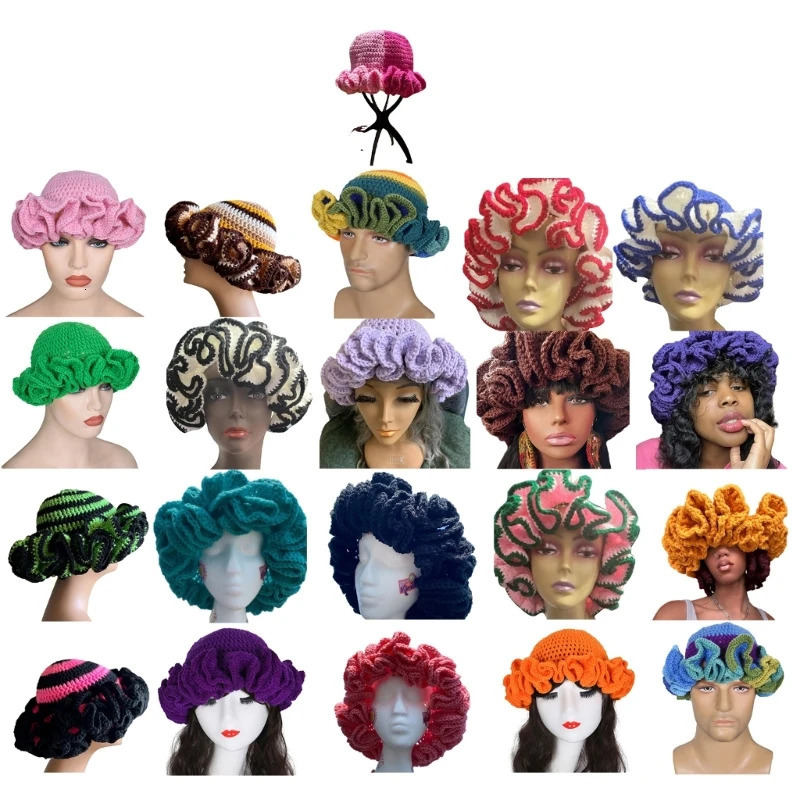 Handmade Crochet Bucket Hat for Woman Teen Outdoor Commute Fisherman Hat Ruffled Brim Winter Windproof Carnival Hat 241125