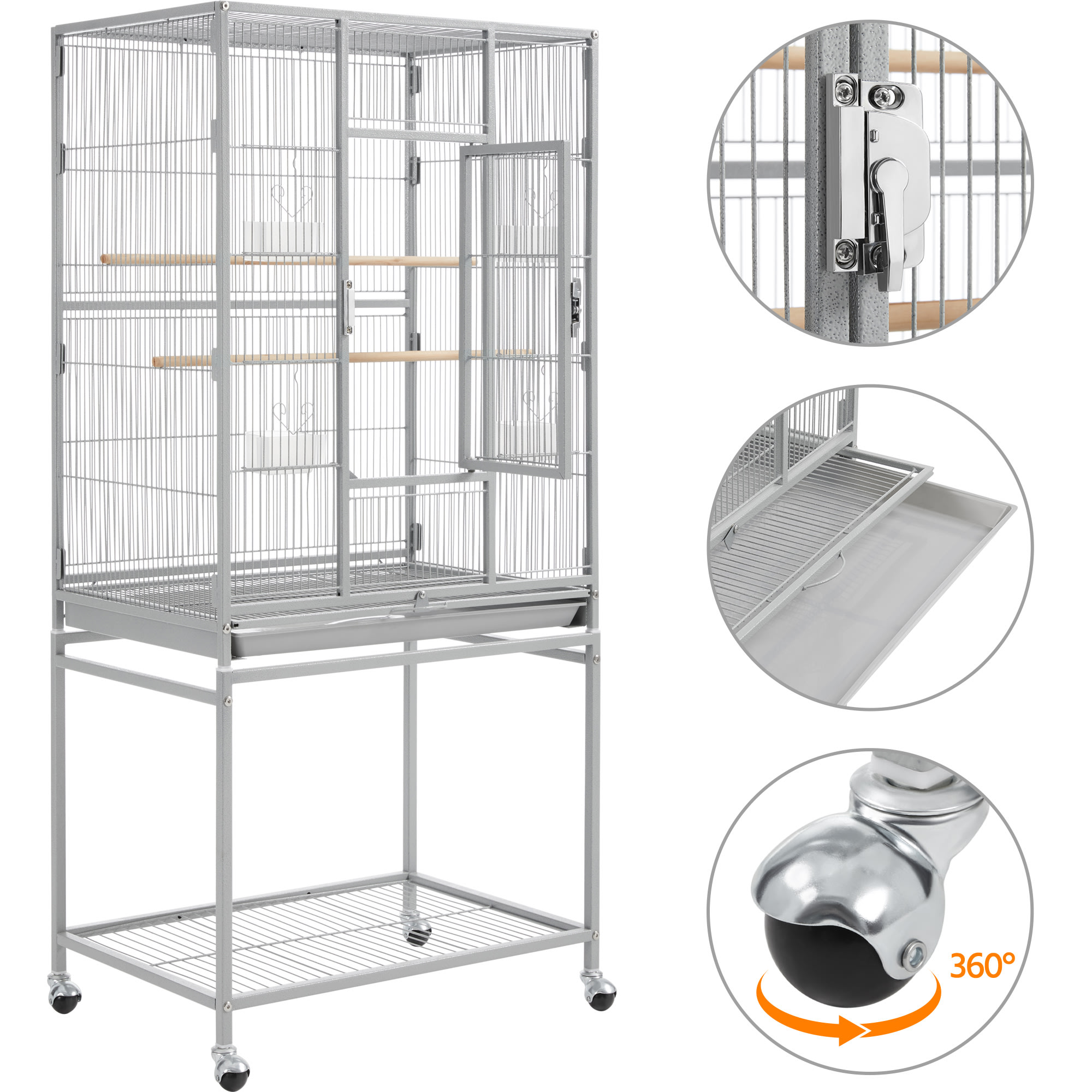 Topeakmart Light Gray Metal Bird Cage with Rolling Detachable Stand, 53.5" H