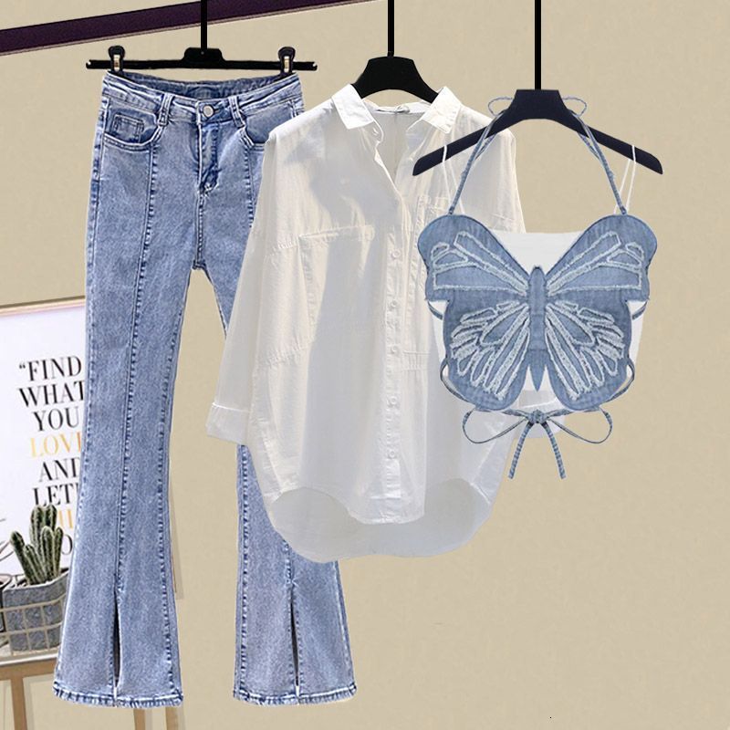 Womens Two Piece Pants Summer Wide Free Casual Leg Trousers White Shirt Wave Bra Vest Three Elegant Set Tracksuit 230317