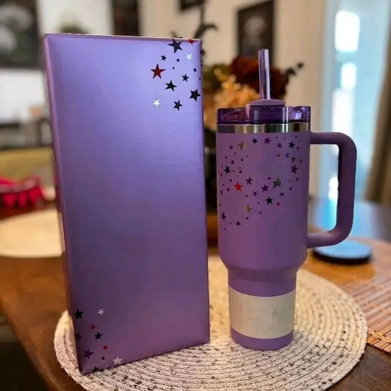 USA Local Warehouse 40oz Purple Star H2.0 Cups 40 oz Stainless Steel Tumblers with handle Lid and straw Neon Pink White Pink Travel Car Mugs Water Bottles 1126