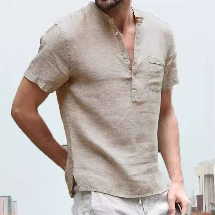 Japanese Workwear Semi Open Neck P O L Shirt Short Sleeved T-Shirt For Men I N S Street Fashion Brand Loose Flip Five Piece B4