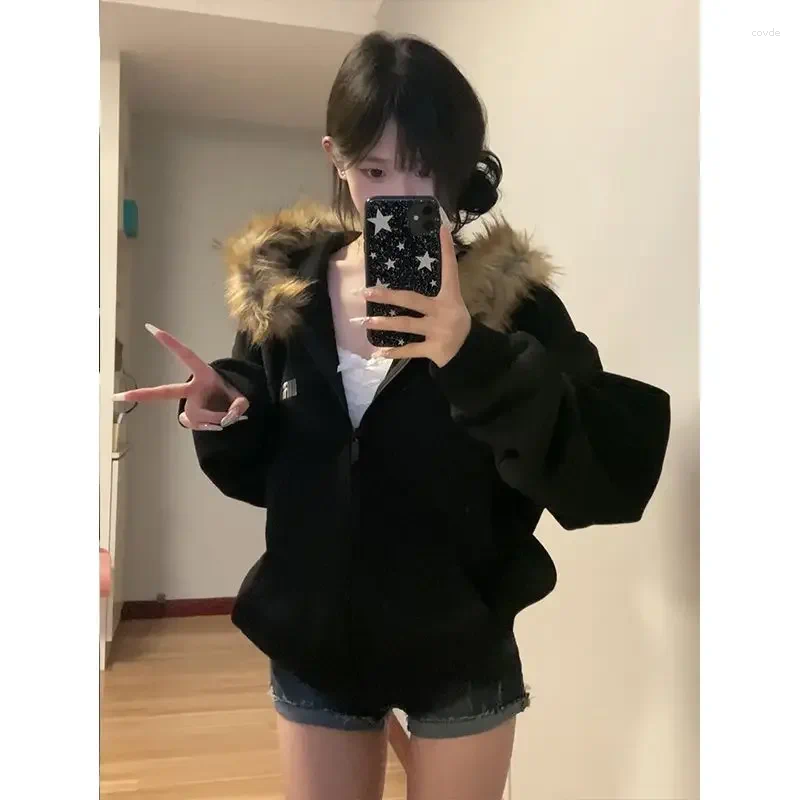 Women's Hoodies Autumn Winter Women Black Zip Up Vintage Korean Preppy Style Faux Fur Coat Oversized Casual Sweatshirt Haruku Jacket