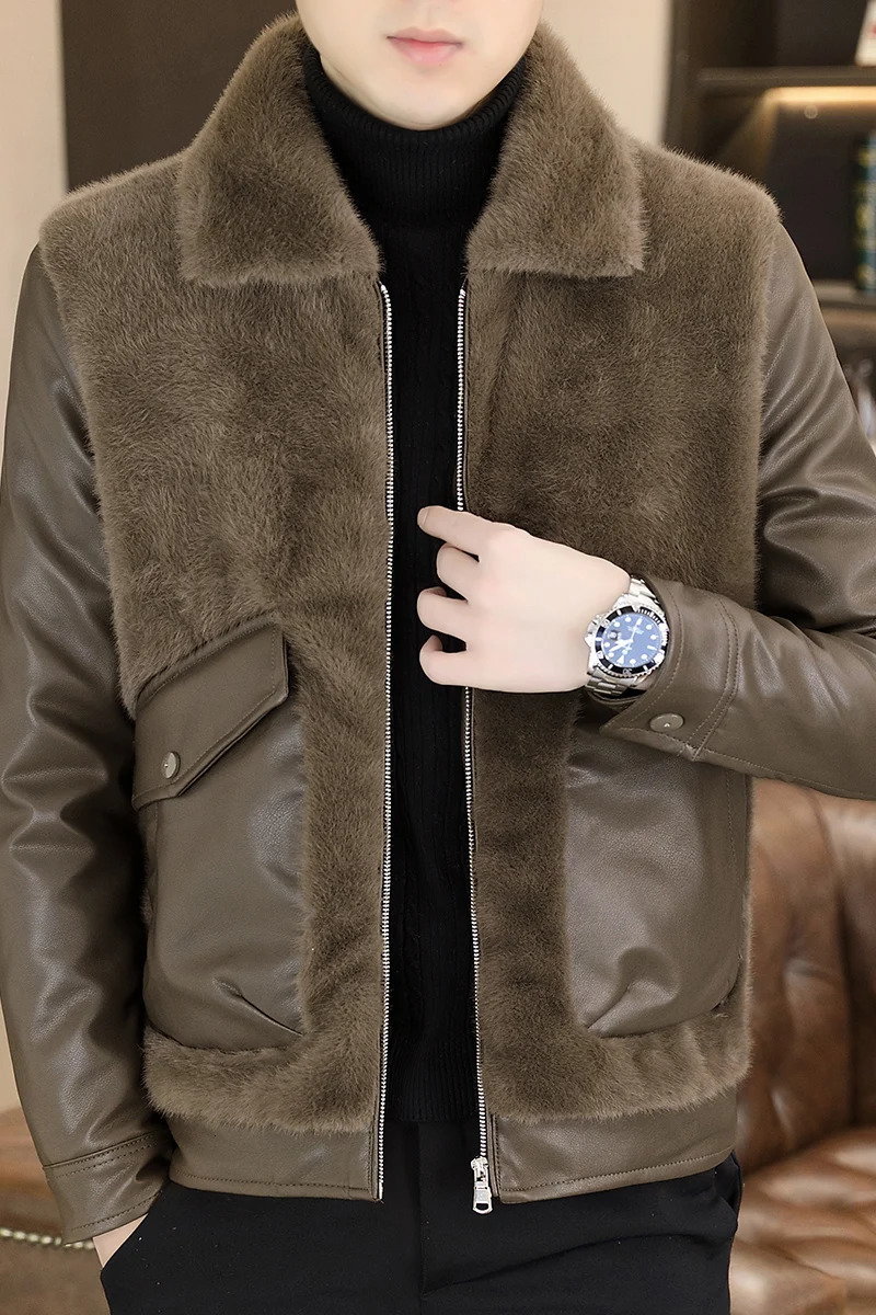 Autumn Winter Leather Fur Integrated Jackets Men Korean Casual Business Overcoat Thickened Warm Faux Fur Social Windproof Coats 241125