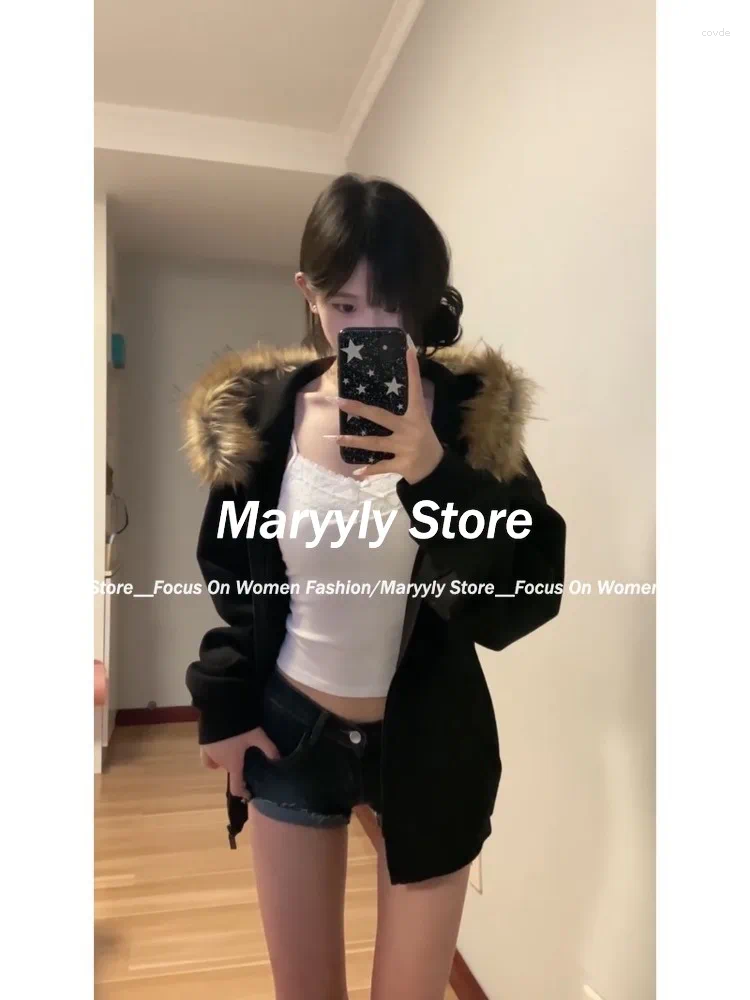 Women's Hoodies Autumn Winter Women Black Zip Up Vintage Korean Preppy Style Faux Fur Coat Oversized Casual Sweatshirt Haruku Jacket