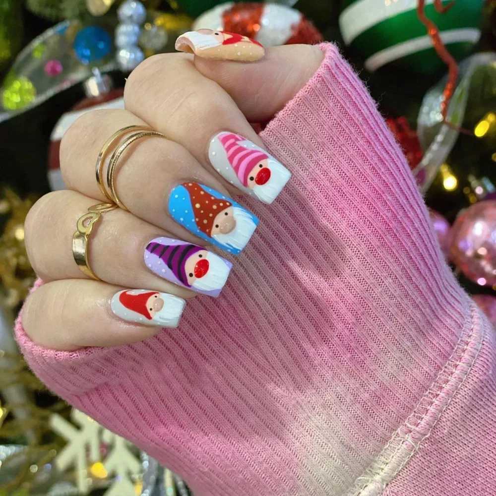 24 Christmas Snowflakes Fake Nails Square Head French Nails Snowflakes Pressed on Nails Waterproof Fake NailsW241125