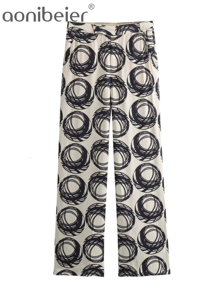 Aonibeier Women Printed 2 Piece Sets Traf Summer Long Sleeve Loose Shirt Oversize Blouse Female Top Wide Leg Pants Suits Y2K 240423