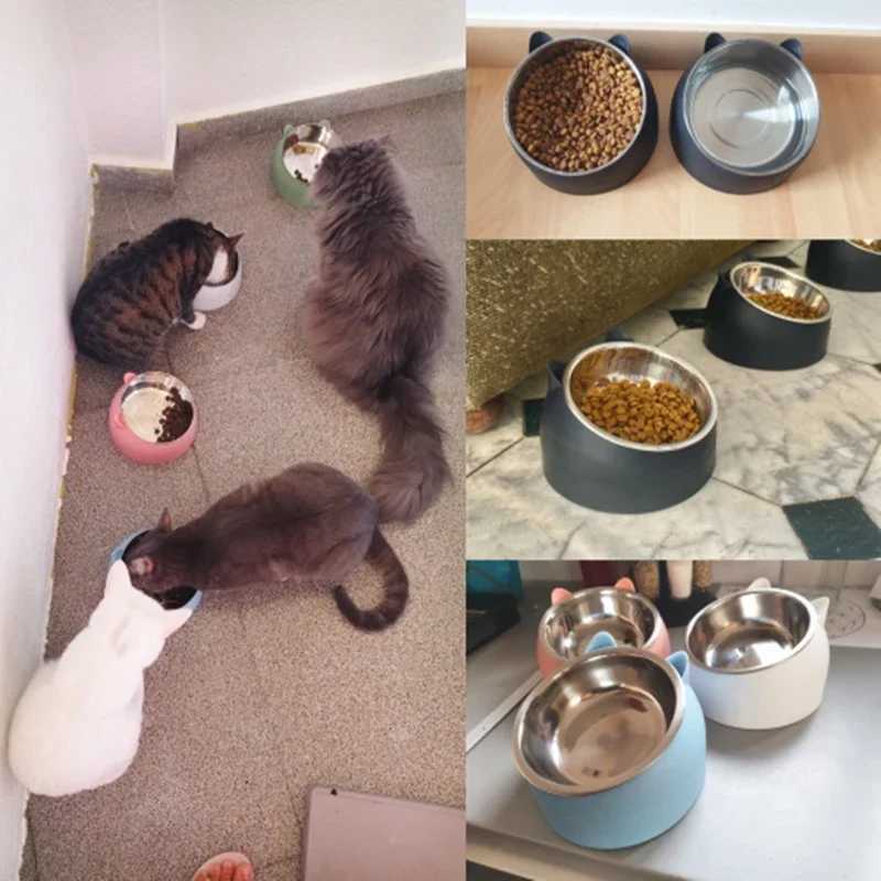 Stainless Steel Cats Food Bowls Non-slip Crash Pets Bowls Lovely Inclined Kitten Puppy Food Drinking Water Feeder Premium DesignXJ241125