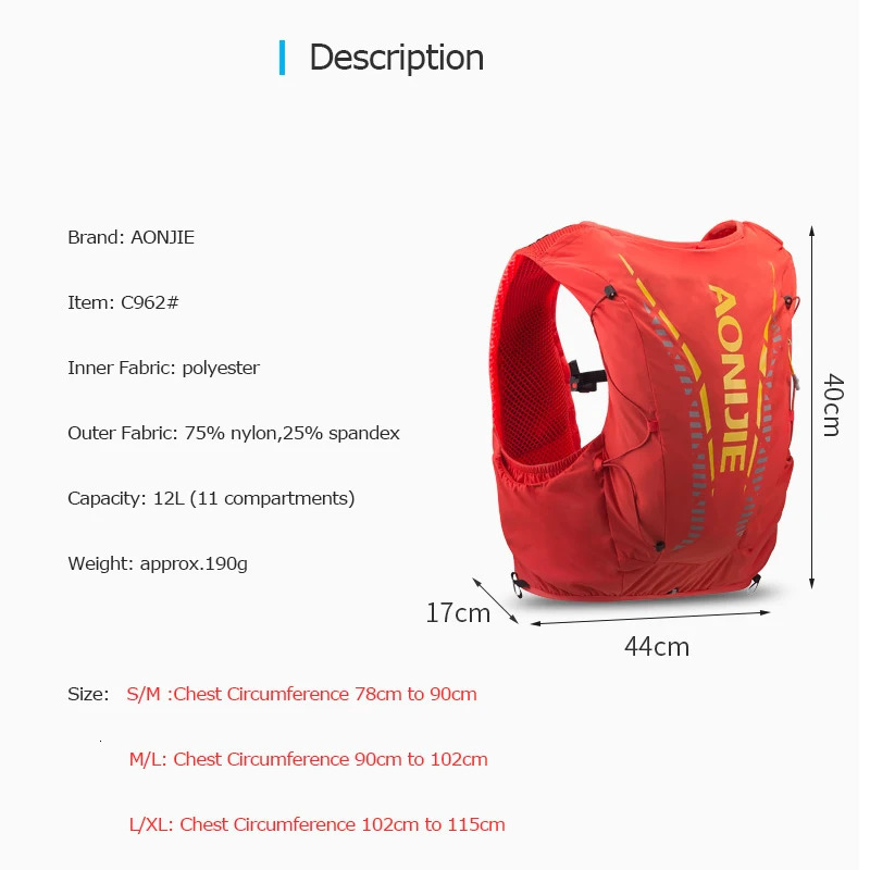 AONIJIE C962 Advanced Skin 12L Hydration Backpack Pack Bag Vest Soft Water Bladder Flask For Hiking Trail Running Marathon Race 241125
