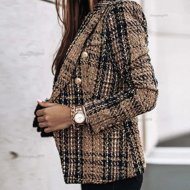 Women's Suits Blazers Spring-Autumn Jacket Plaid Blazer Women Long Sleeve Double-breasted Tops Slim Tweed Coat Office Lady Coat Woman Clothes 231