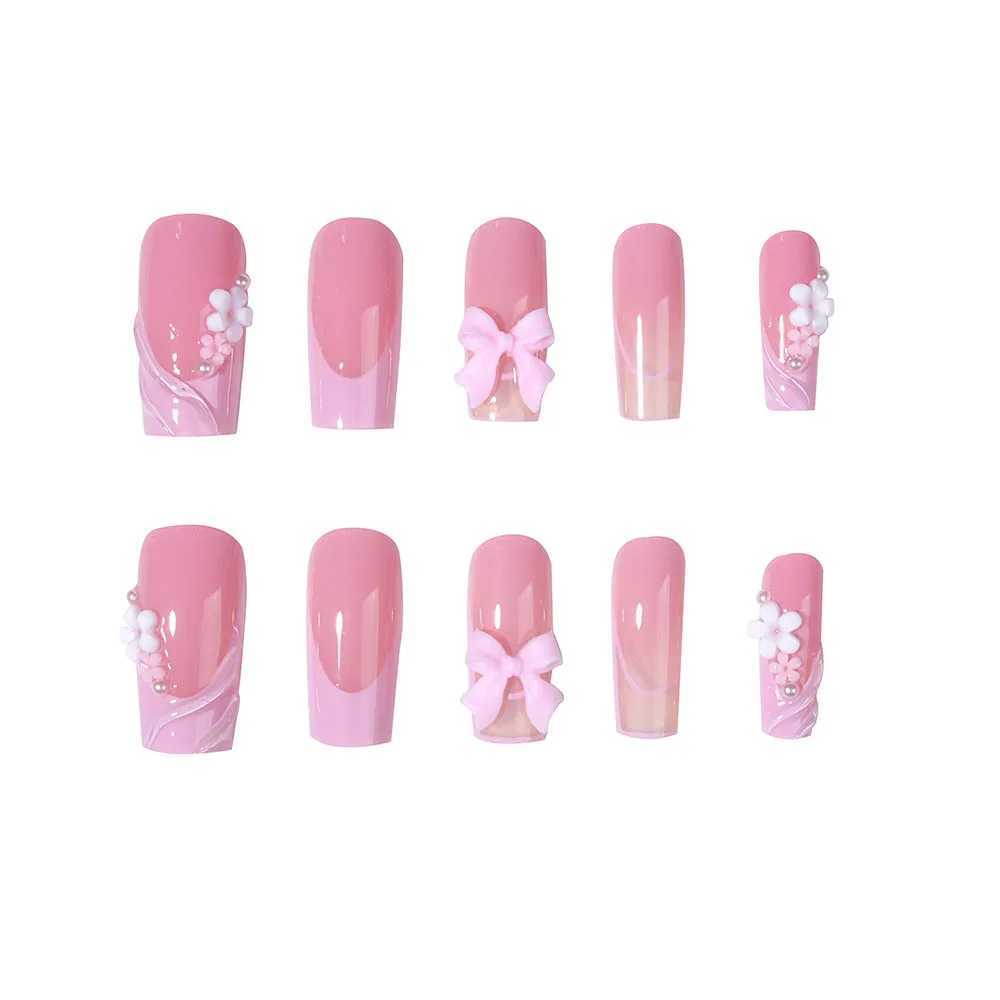 24 long holiday nails with water ripple square nails pink 3D bow transparent design removable by nail reusableW241125