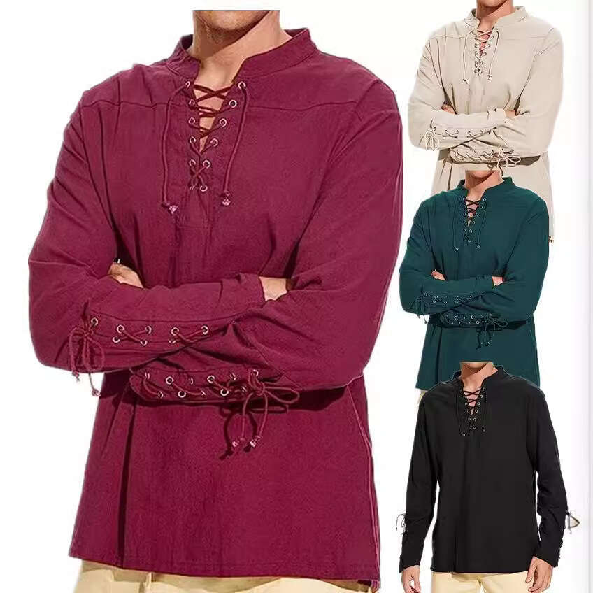 Men's New Cotton And En Henry Shirt Long Sleeved Hippie Casual Beach Stand Up Collar Ing European Size B3