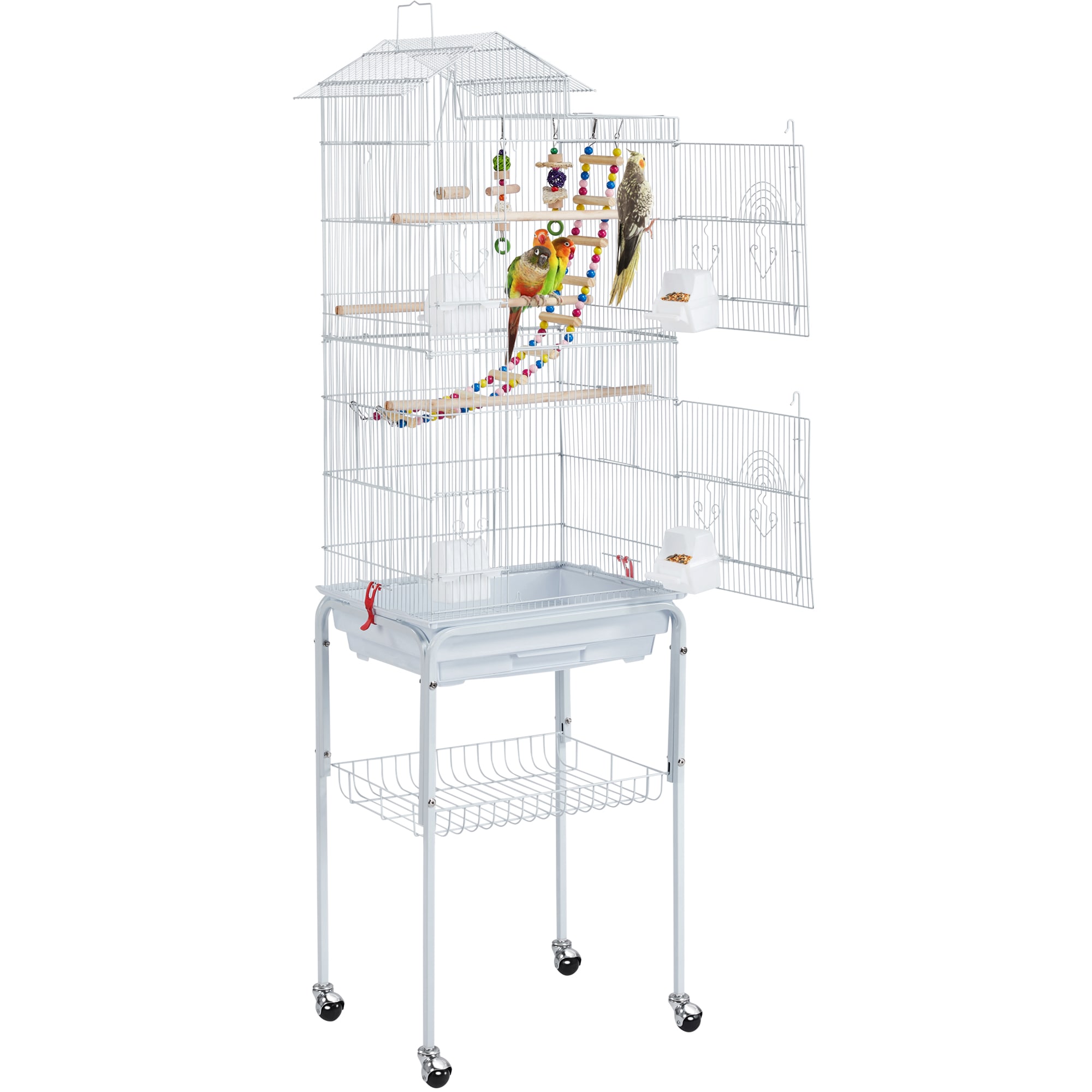Topeakmart White Metal Bird Cage with Ladder Toy and Rolling Detachable Stand, 62.4" H