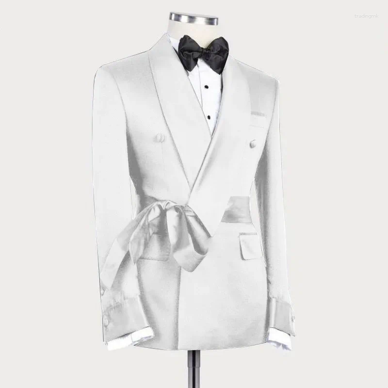 Men's Suits Fashion Shawl Lapel Men Jacket With Belt Elegant Solid Prom Party Banquet Coat Slim Formal Chic Groom Wedding Tuxedo Blazer