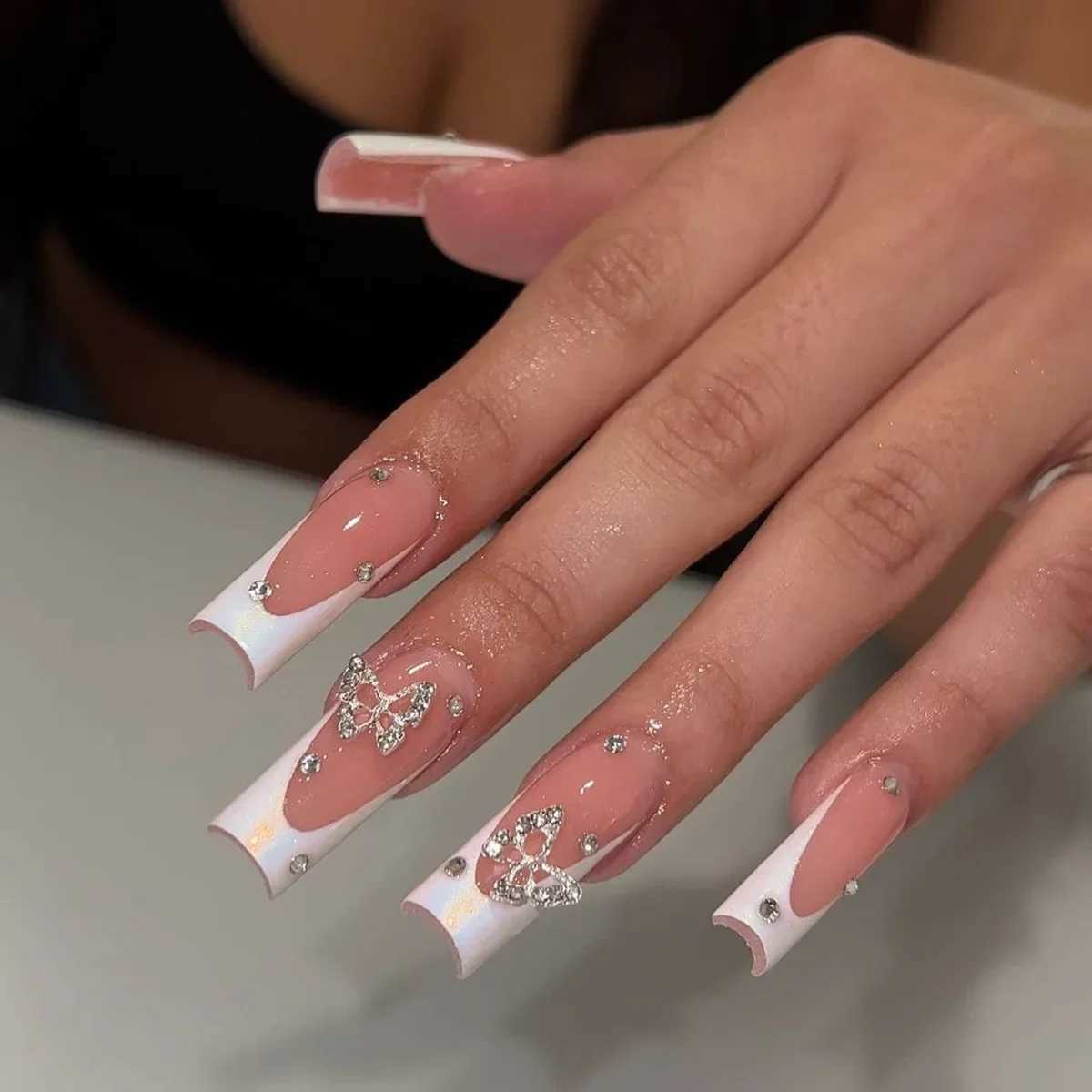 24Ps/set of fake nails art wearable long ballet fake nails acrylic pressure nail full cover detachable white border French fake nailsW241125