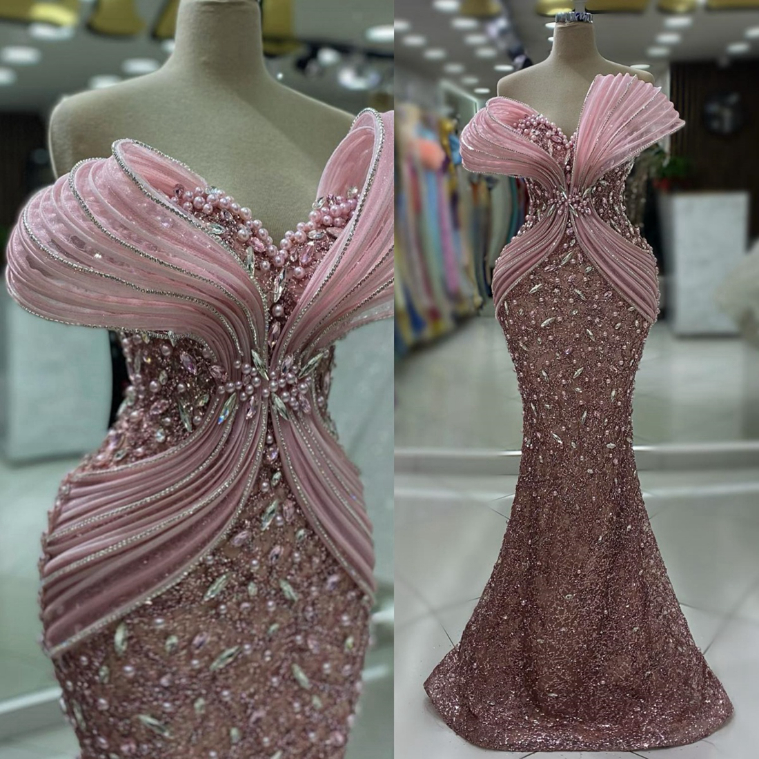 2024 Plus Size Dustyrose Prom Dresses for Black Women Promdress Illusion Beaded Lace Pearls Rhinestones Decorated Birthday Party Dress Second Receptio