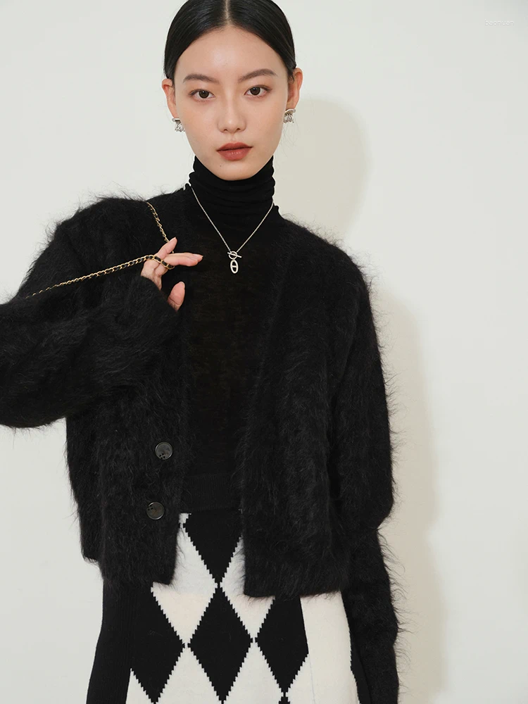 Women's Knits Mink Mohair Brown Sweater Knitted Cardigan Jacket Wool Top