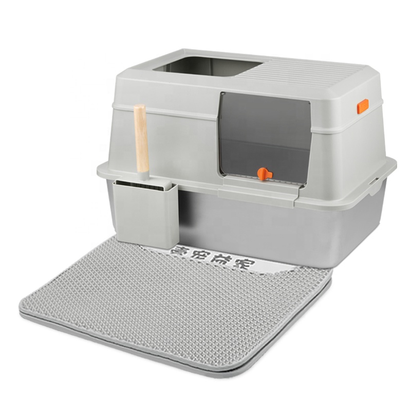 Oversized Fully Enclosed Stainless Steel Cat Litter Box Anti-Splash Hedge EVA Double-Layer Pad Easy Clean Non-Stick Bottom No