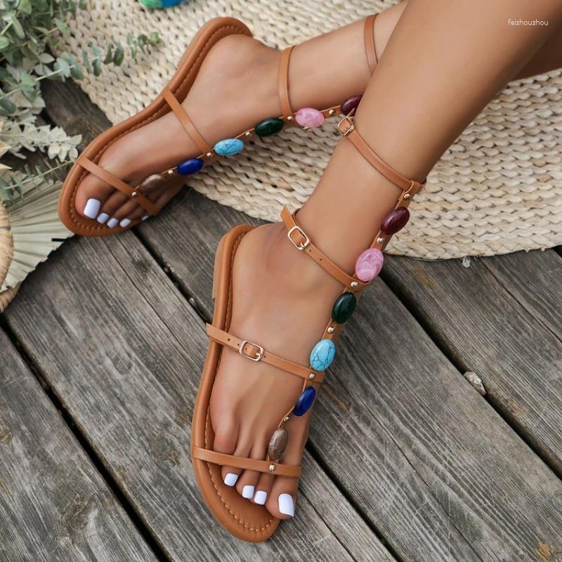 Sandals Bohemian Style Casual Gladiator Women Summer Fashion Color Gem Strap Open Toe Flat Shoes Roma Sandalias De Mujer