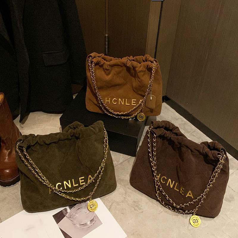 Women Genuine Leather Large Capacity Chain Ed Plaid Tote Suede Armpit Bucket Bag String