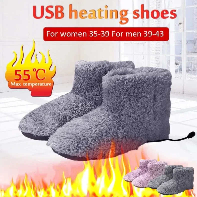 1 Pair Electric Heating Shoes USB Men Women Winter Warm Snow Boots Plush Warm Electric Slippers Washable Foot Heating Shoes 241125