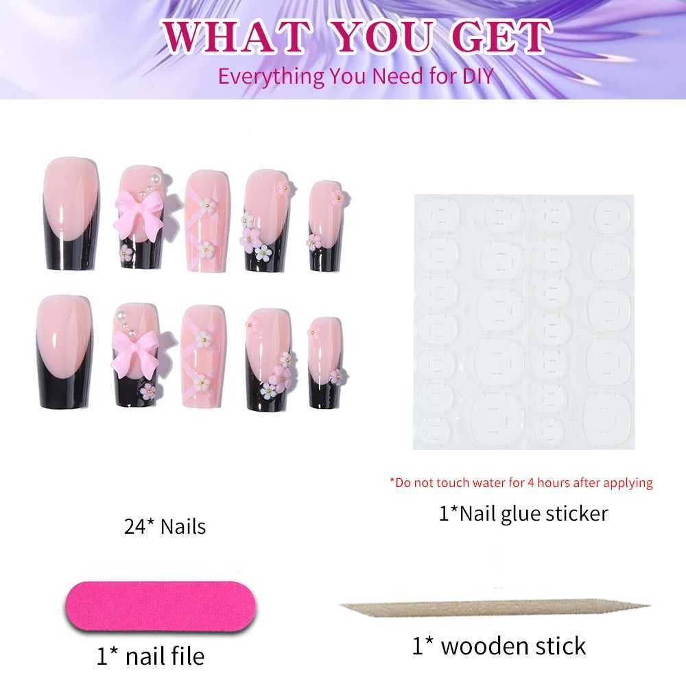 24 pieces of short and medium fake nails pink square nails 3D bow design Y2K pressed nails suitable for women and girls reusableW241125
