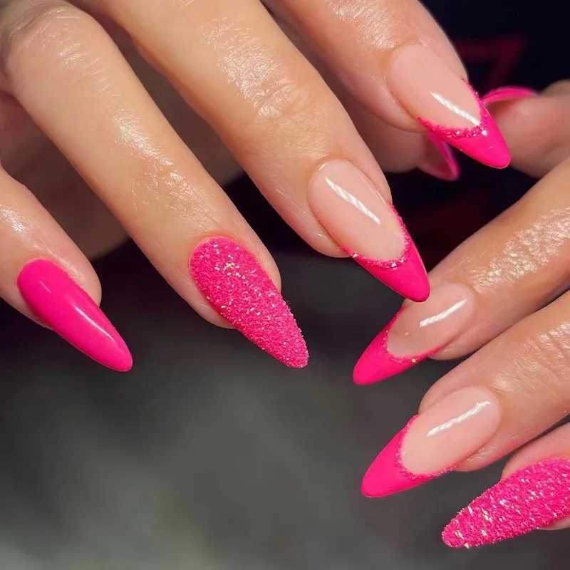 Rose pink French glitter pink wearable almond shaped fashionable fake nails complete set of decorative fake nails pressed with glue on the nailsW24112