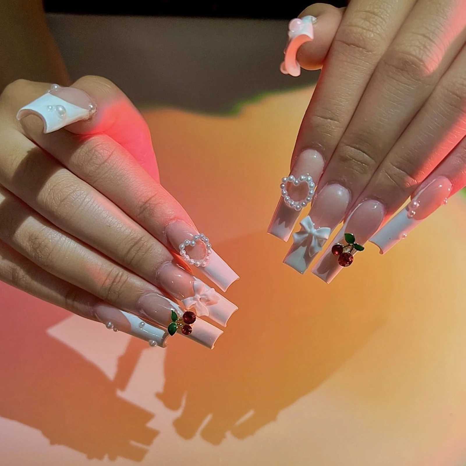 24pcs 3D Fake Nails Pink Plum Blossom Decoration Long Coffin Ballet Fake Nails Detachable Girl Handmade Nail TipsW241125