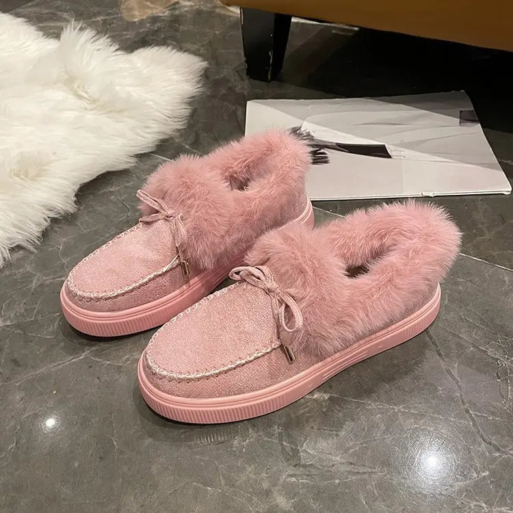 2025 Solid Color Furry Females Feetwear Women Winter Cotton Shoes Plush Warm Snow Boots Ladies Casual Flat Short Boots 4-12 241125
