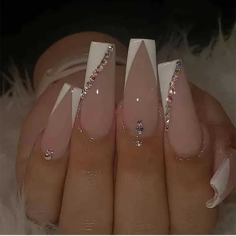 24Pcs Gradient Purple Ballet False Nails with Butterfly Rhinestone Long Square Manicure Press on Nails Wearable Fake NailW250120