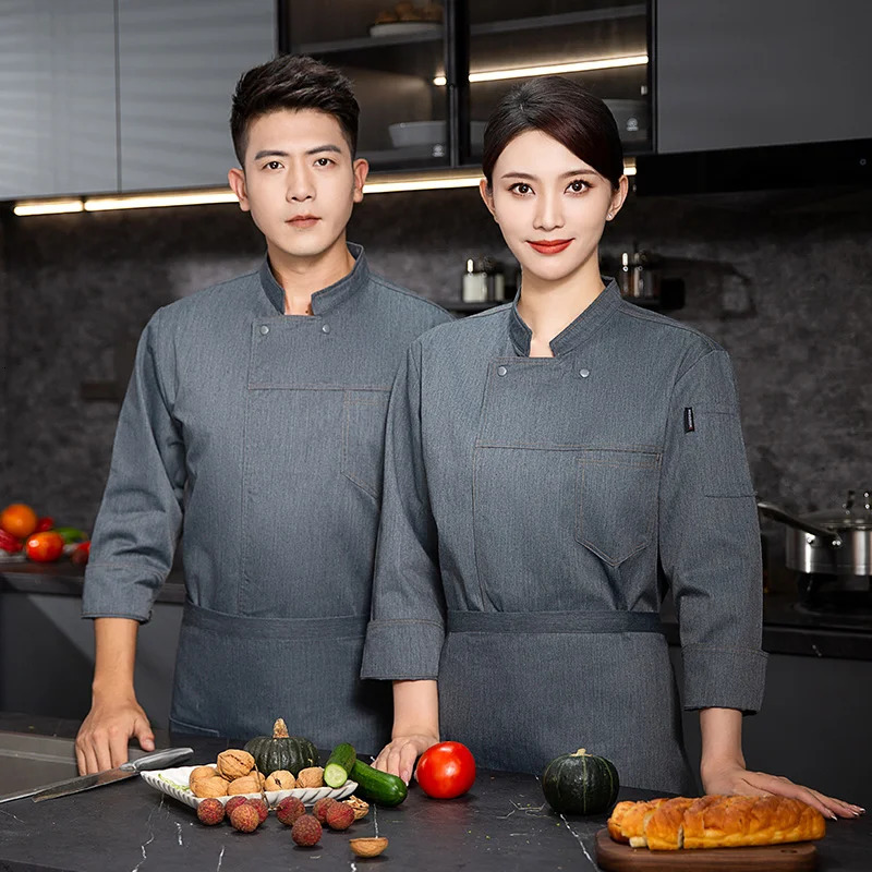 grey Chef uniform Long Sleeve chef jacket Cook Coat Tshirt Baker Work Uniform Waiter Restaurant el Clothes women 240412