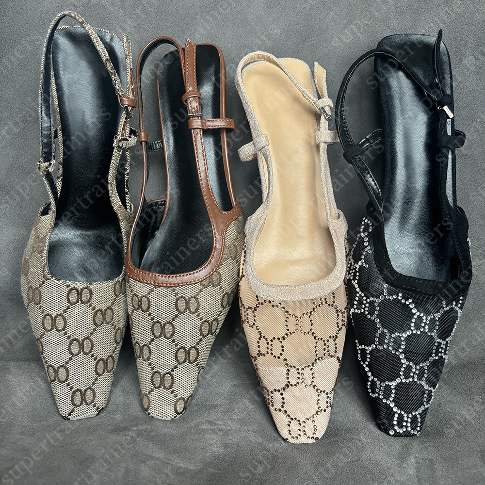 designer Women sandals Slingback high heels Lace up shallow cut shoes Sandals Mid Heel Black mesh crystals sparkling Print shoes Leather Ankle Strap sandals