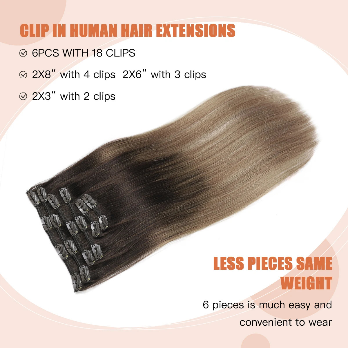 XDhair clip on hair extensions 100g 6 pieces 16 inch Balayage dark brown to chestnut brown and dirty blonde clip on hair 241125