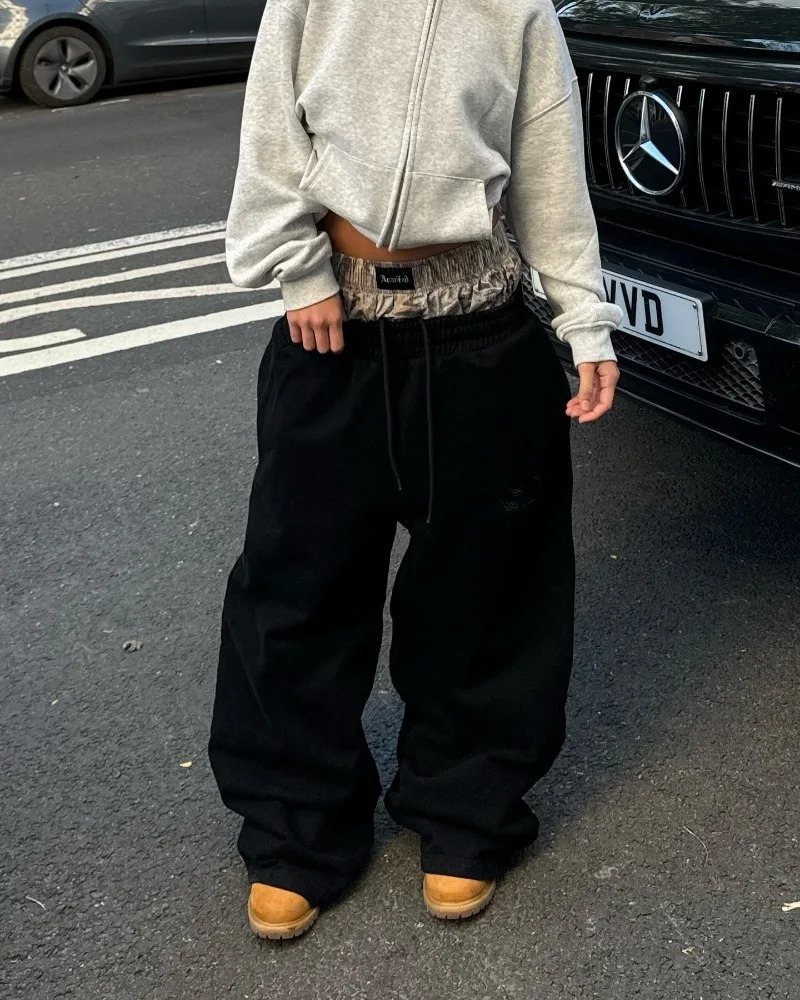 Y2K Harajuku Baggy Pants Vintage Camouflage Embroidered Double Waist Cotton Sweatpants Men Women Wide Leg Pants Streetwear 241125