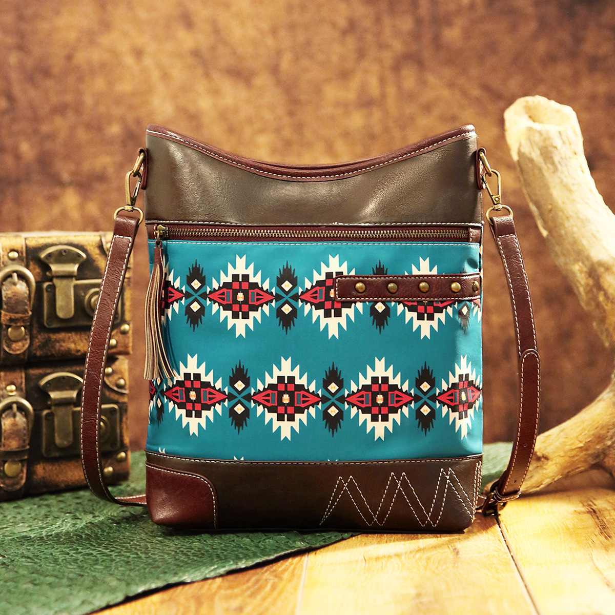 Vintage cross-border Amazon printed twill tarp crossbody bag for women Bohemian Aztec denim