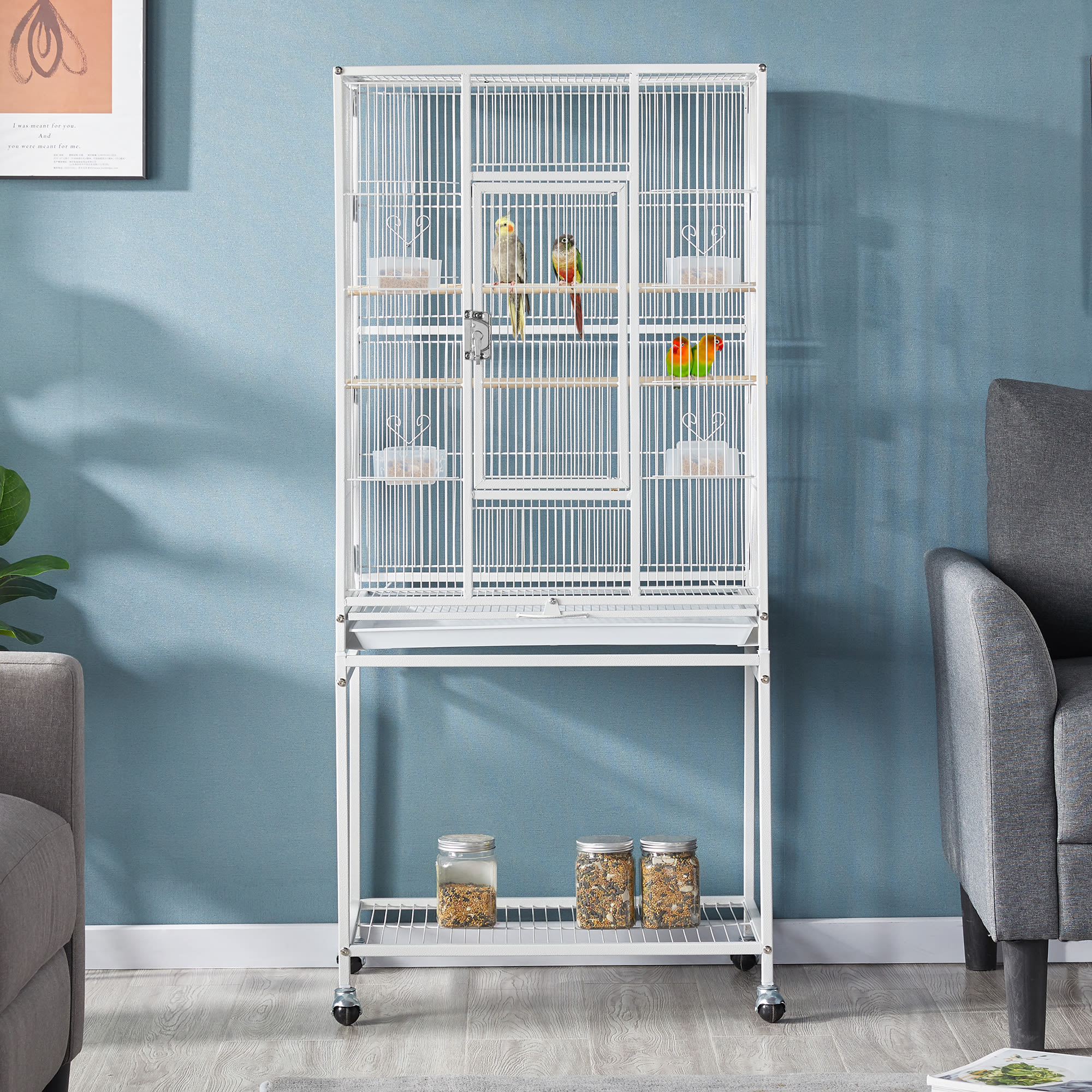 Topeakmart White Metal Bird Cage with Rolling Detachable Stand, 53.5" H