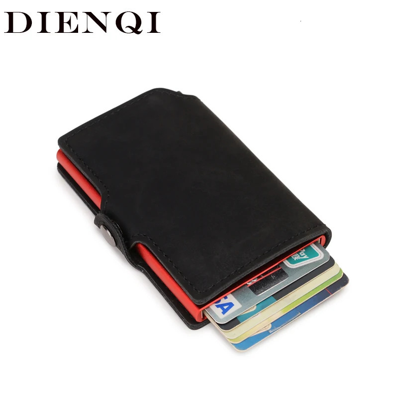 DIENQI black leather mens wallet RFID metal ultra-thin business card holder cash pocket money bag magic wallet Wolet Walet 241125