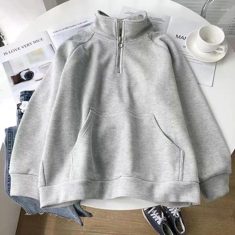 Women's Hoodies Fleece Stand Collar Women Pullover Pure Color Ladies Half Zipper Loose Winter Pocket Fashion Long Sleeves Sweatshirts