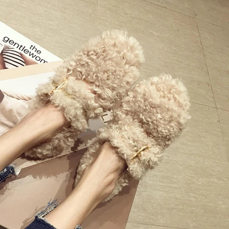 Celebrity Curly lamb wool flats woman metal buckle band furry mary janes ladies winter shoes plush loafers sheep fur moccasins 241125