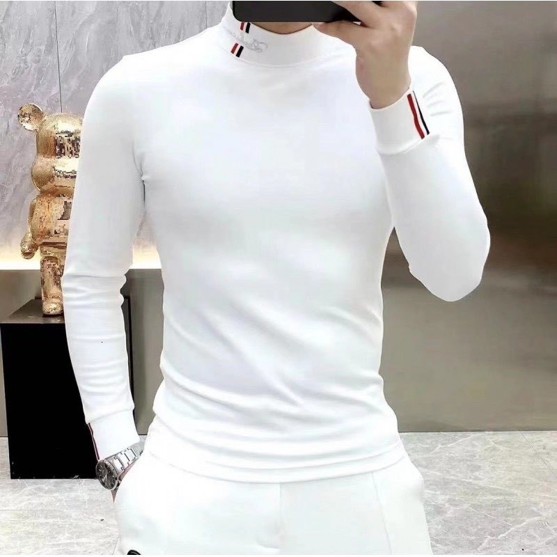 Winter thick and warm mens long sleeved T-shirt fashionable slim fit casual plain collar bottom shirt breathable floral top 241118CJ