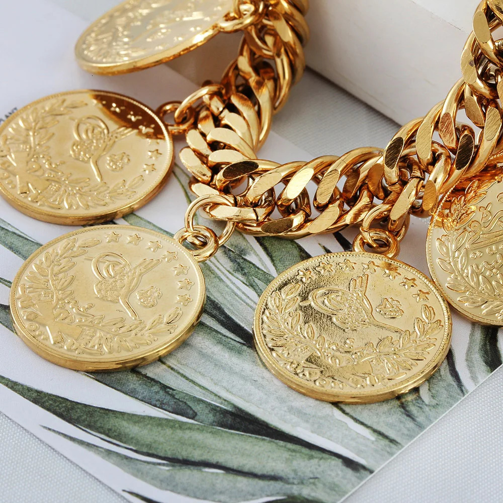 Couple Round Coin Bracelet Gold Muslim Islamic Bracelet 21cm Fashion Personality Charm Jewelry Party Gift Wholesale 241125