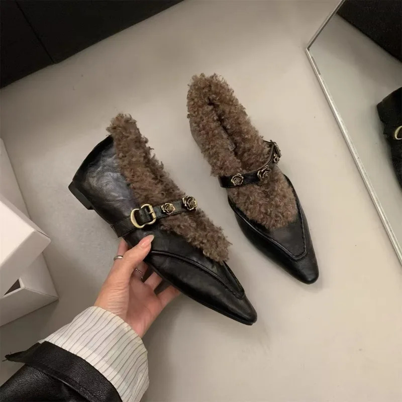 Mary Jane Cotton Shoes Pointed-toe Fur Womens Pump Increased Height Shallow Mouth Rose Buckle Womens Shoes 241125