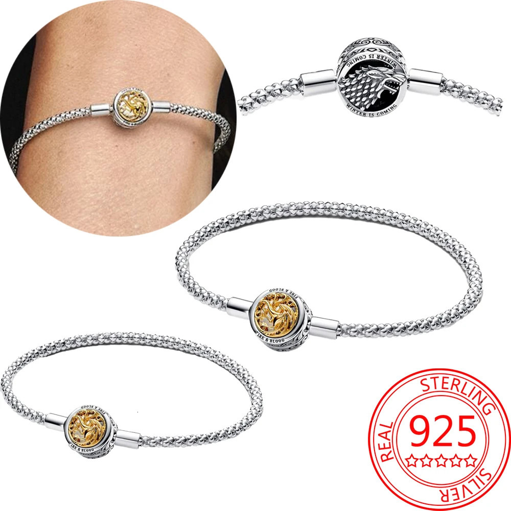 Game Series 925 Pure Silver Double sided Printed Flying Dragon House Sigil Buckle Moment Stud Chain Bracelet 241125