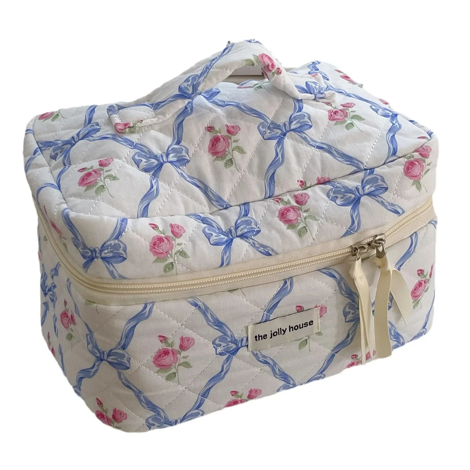 Cute Bow Flower Quilting Cotton Makeup Bag Women Zipper Cosmetic Organizer Female Cloth Handbag Portable Toiletry Case for Girls 241115