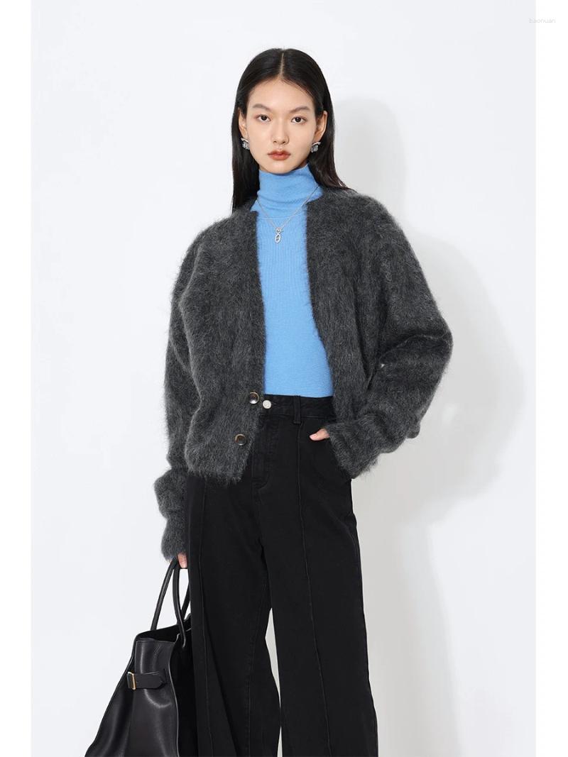 Women's Knits Mink Mohair Brown Sweater Knitted Cardigan Jacket Wool Top