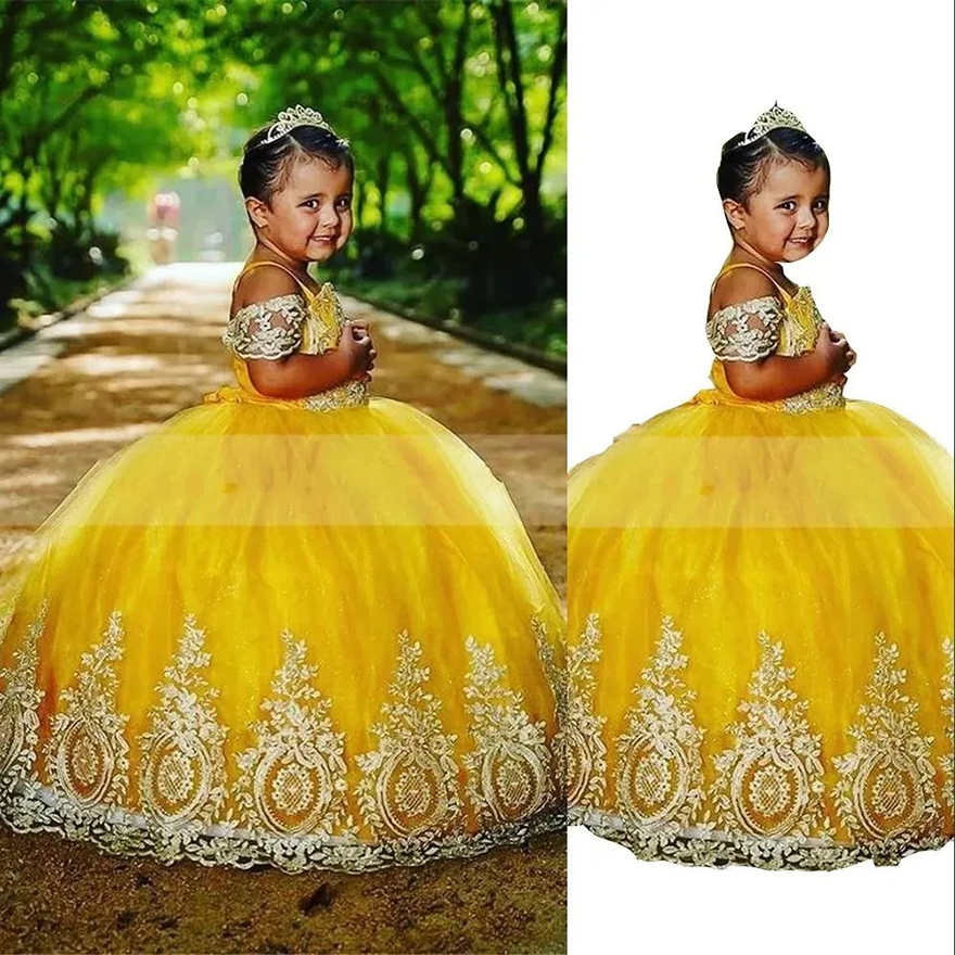 Yellow Girls Pageant Dresses Princess Tulle Lace Appliques Beads Kids Flower Girl Dress Ball Gown Birthday Gowns Floor Length Off Shoulder Spaghetti S