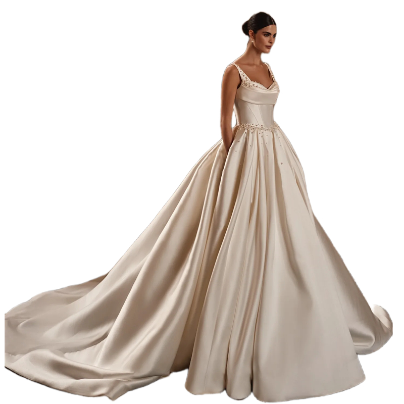 Vintage Dark Ivory Cathedral Wedding Dresses Pearls Beaded Satin A Line Long Wedding Gowns Spaghetti Straps Princess Bride Dress