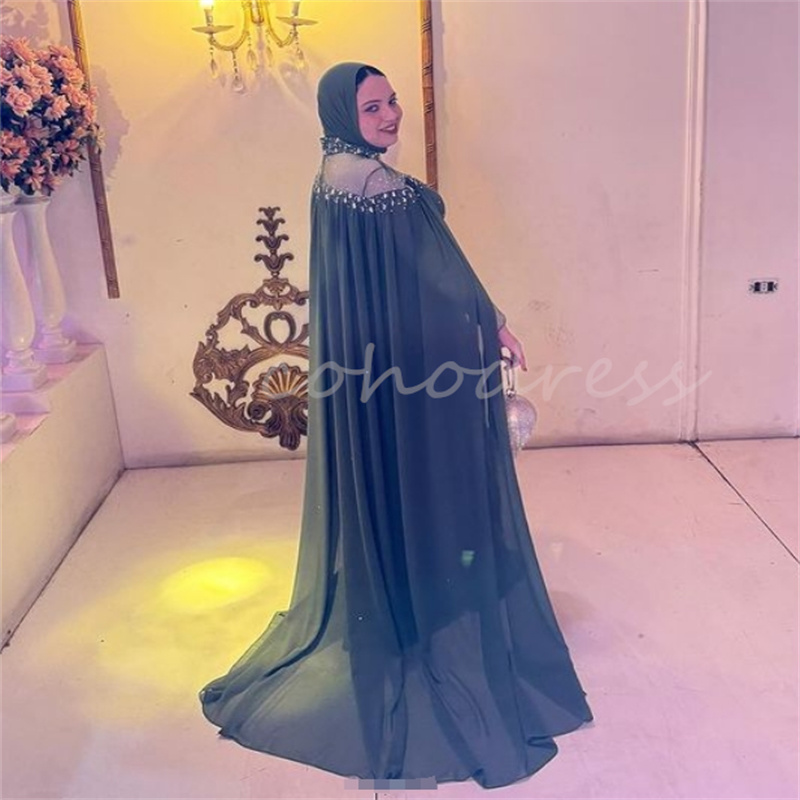 Luxury Olive Green Arabia Evening Dress With Cape High Neck Crystal Mermaid Dubai Abaya Prom Dress Turkey Formal Gown Sepcial Occasion Birthday Dress
