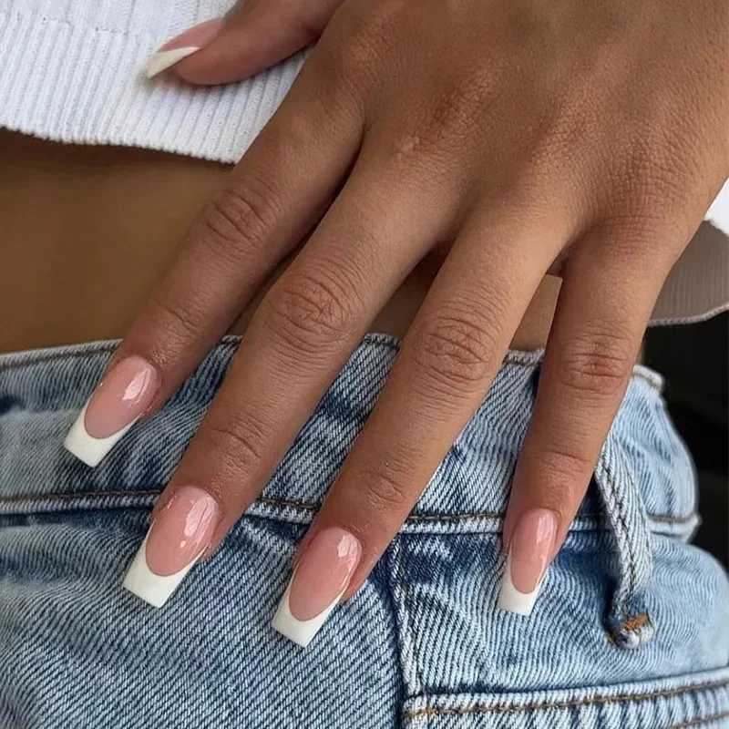 24Ps/set of fake nails art wearable long ballet fake nails acrylic pressure nail full cover detachable white border French fake nailsW241125