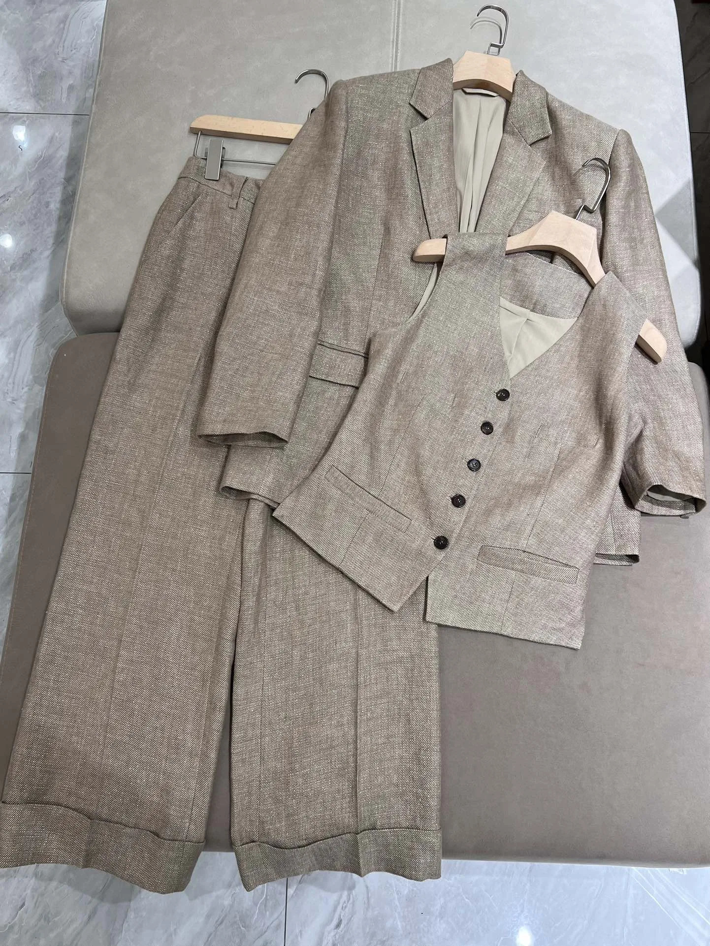 Spring BC Womens Pants Suit Linen Blazer Jacket Vest High Waist Wide Leg Trousers 3 Piece Set Female Clothing 240423