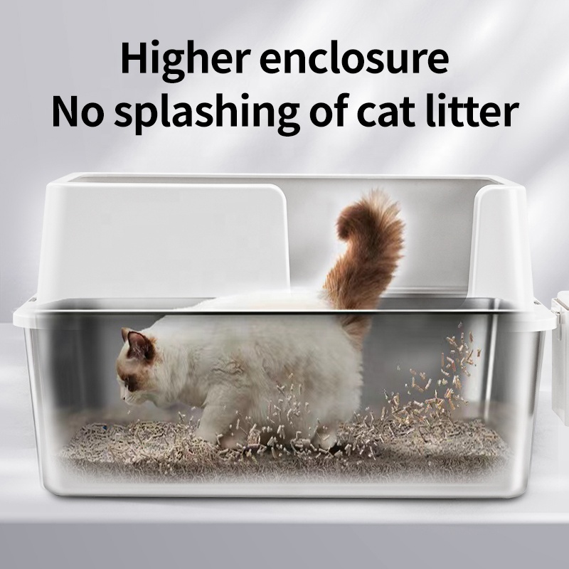 Oversized Stainless Steel Cat Litter Box Anti-Sand Pedal Shovel Easy-Clean Height-Enhanced Enclosure Prevent Sand Splashing Odor